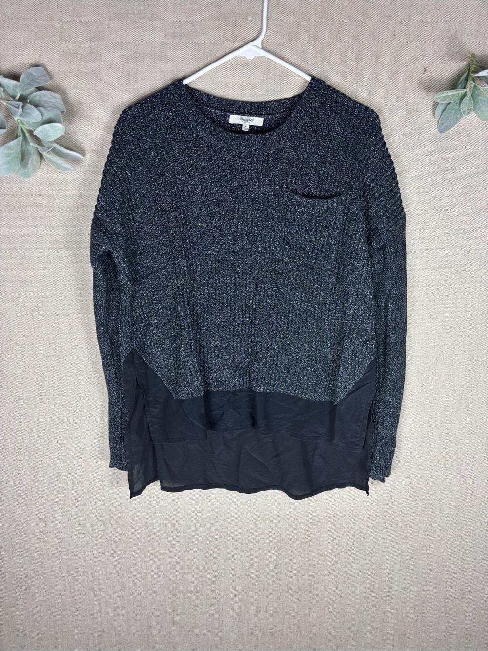 Madewell > Textured Dark Gray Layered Hem Linen Cotton Sweater Small